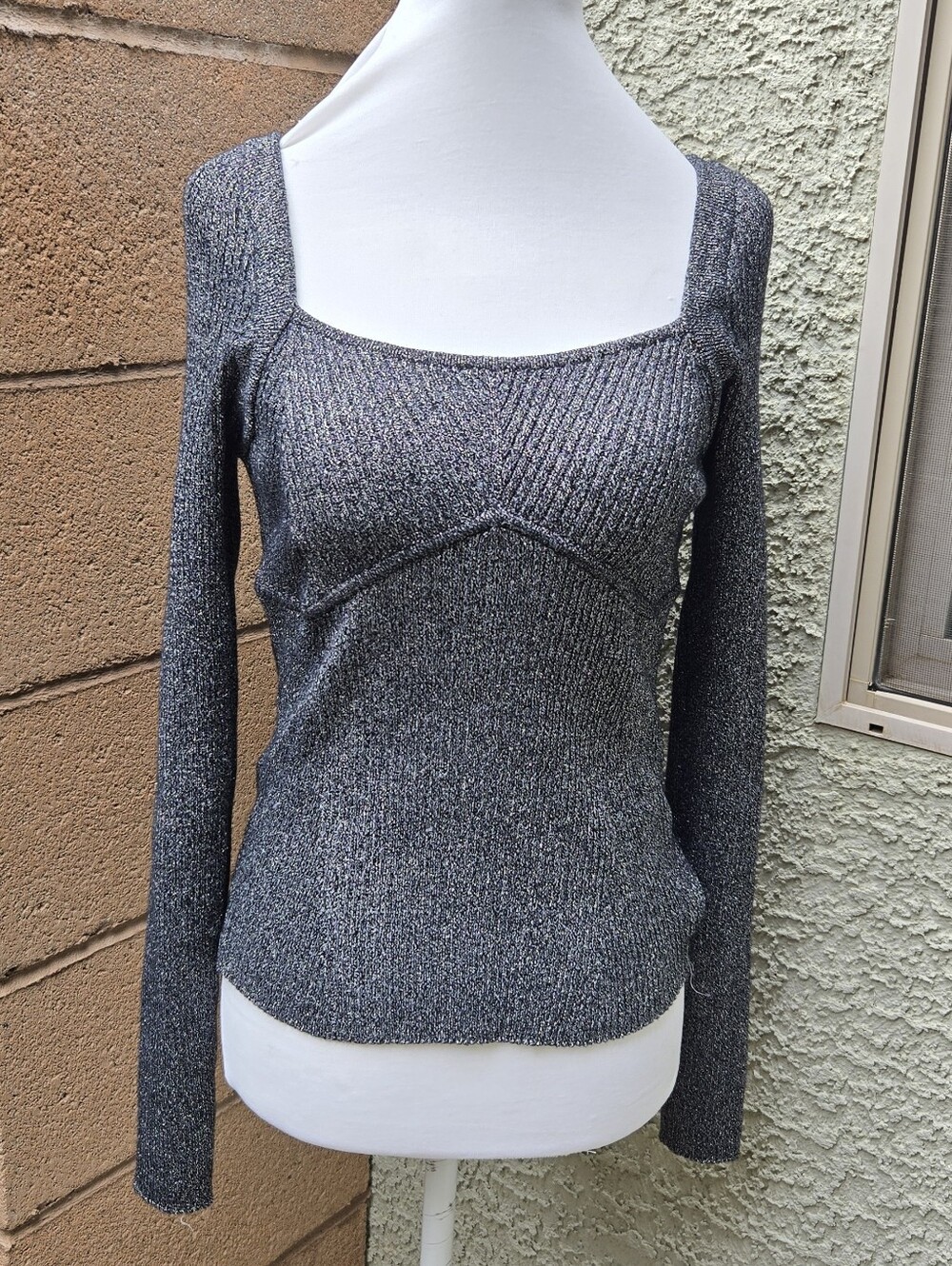 INC Metallic Square-Neck Long-Sleeve Women's Sweater - Gray